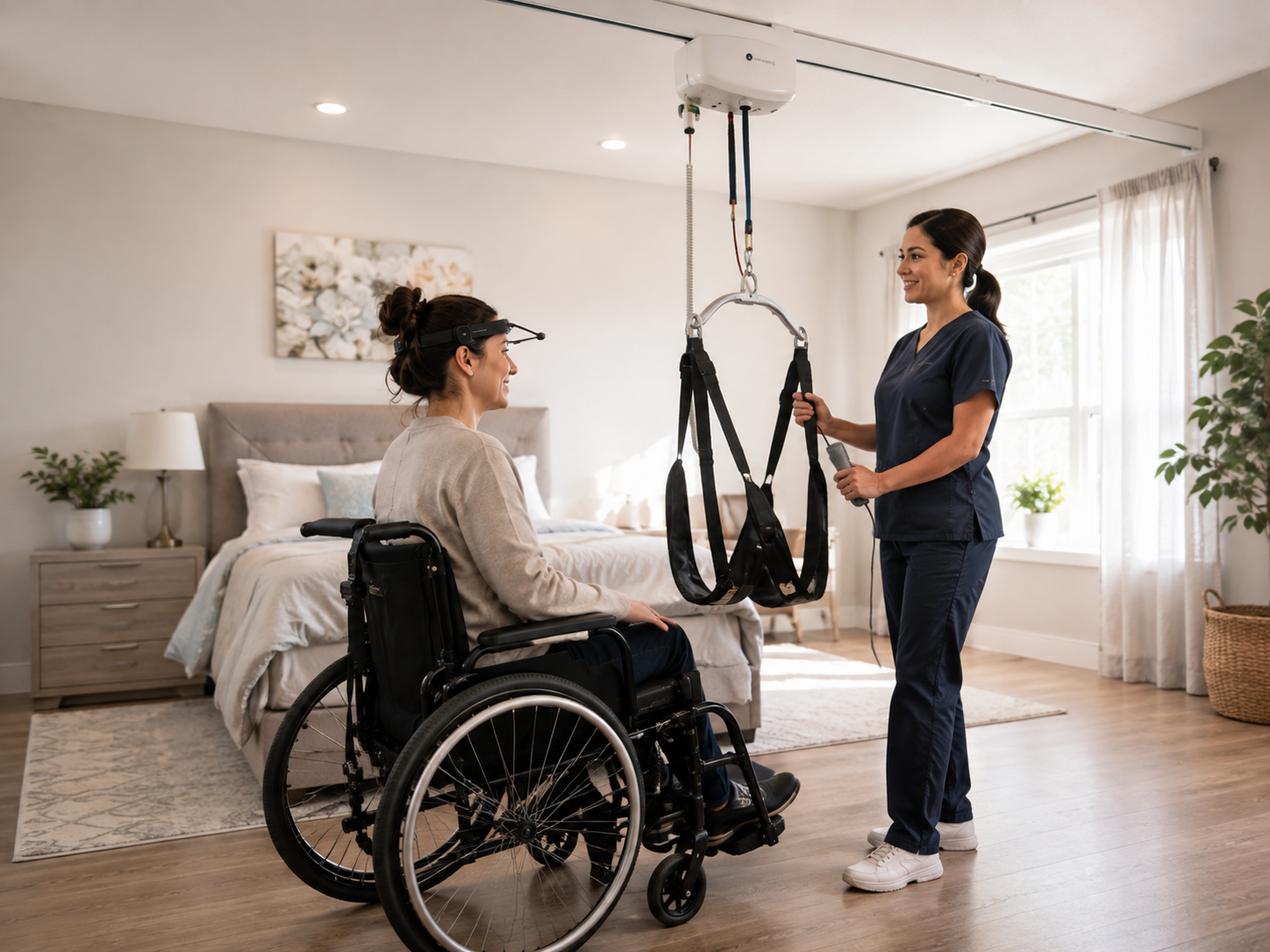 Wheelchair user and caregiver practicing with a ceiling lift in an accessible bedroom