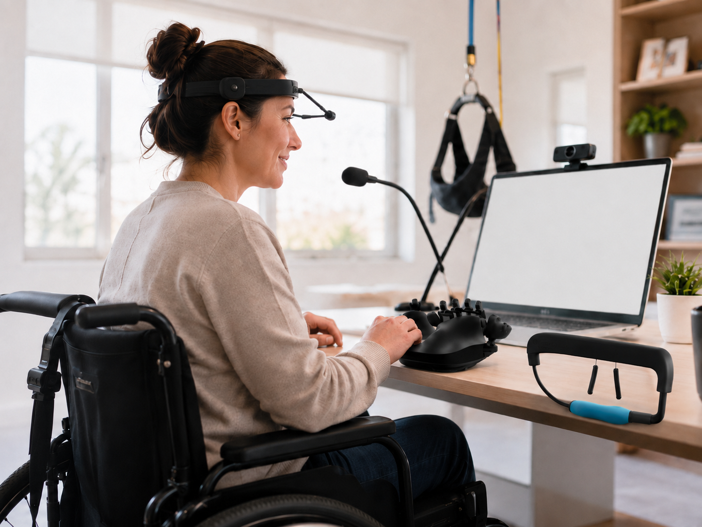 Wheelchair user practicing alternative computer input with an adaptive controller and head-worn access device
