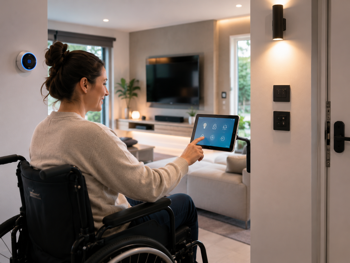 Wheelchair user controlling an accessible smart home from a mounted tablet