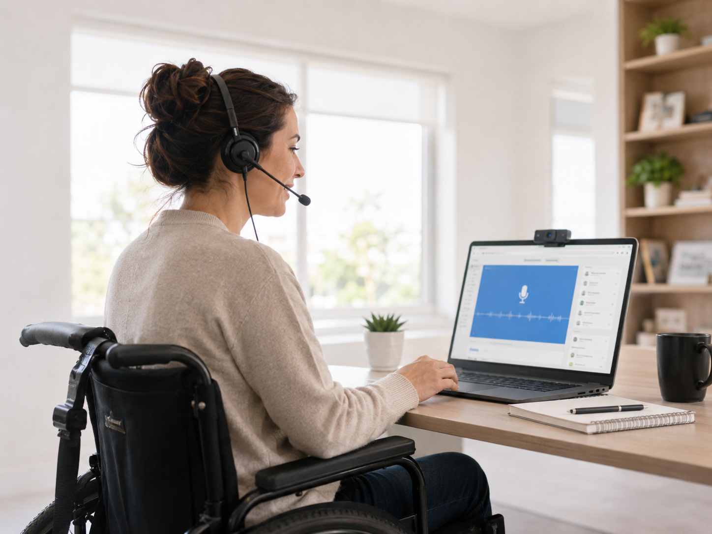 Wheelchair user learning voice and dictation software at a computer